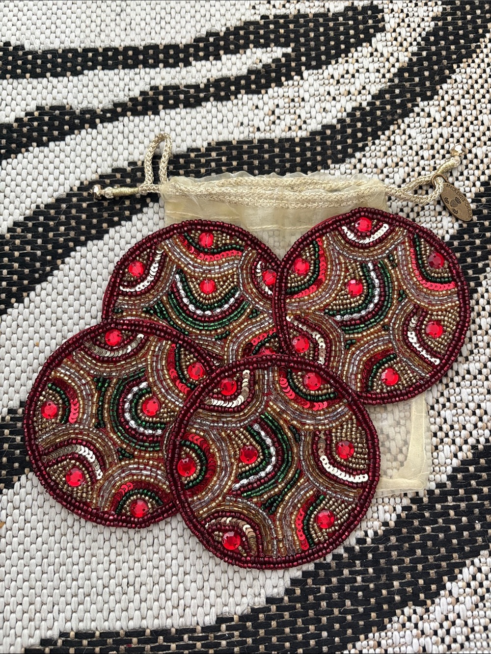 🆕Mackenzie-Childs “Savoy” Intricate Beaded Coasters With Sheer Bag